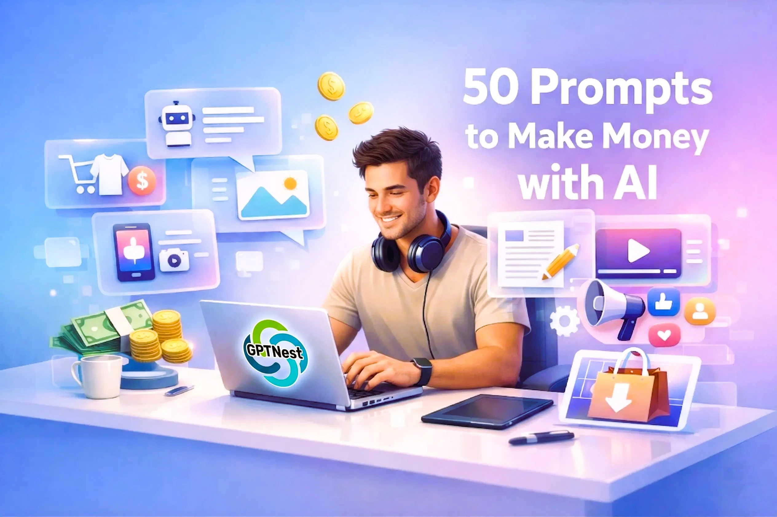 Person earning money online using AI prompts on a laptop — AI income strategies 2026