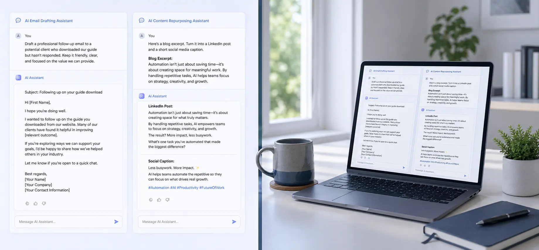 Comparison of AI tools used for different work automation workflows including email drafting and content repurposing