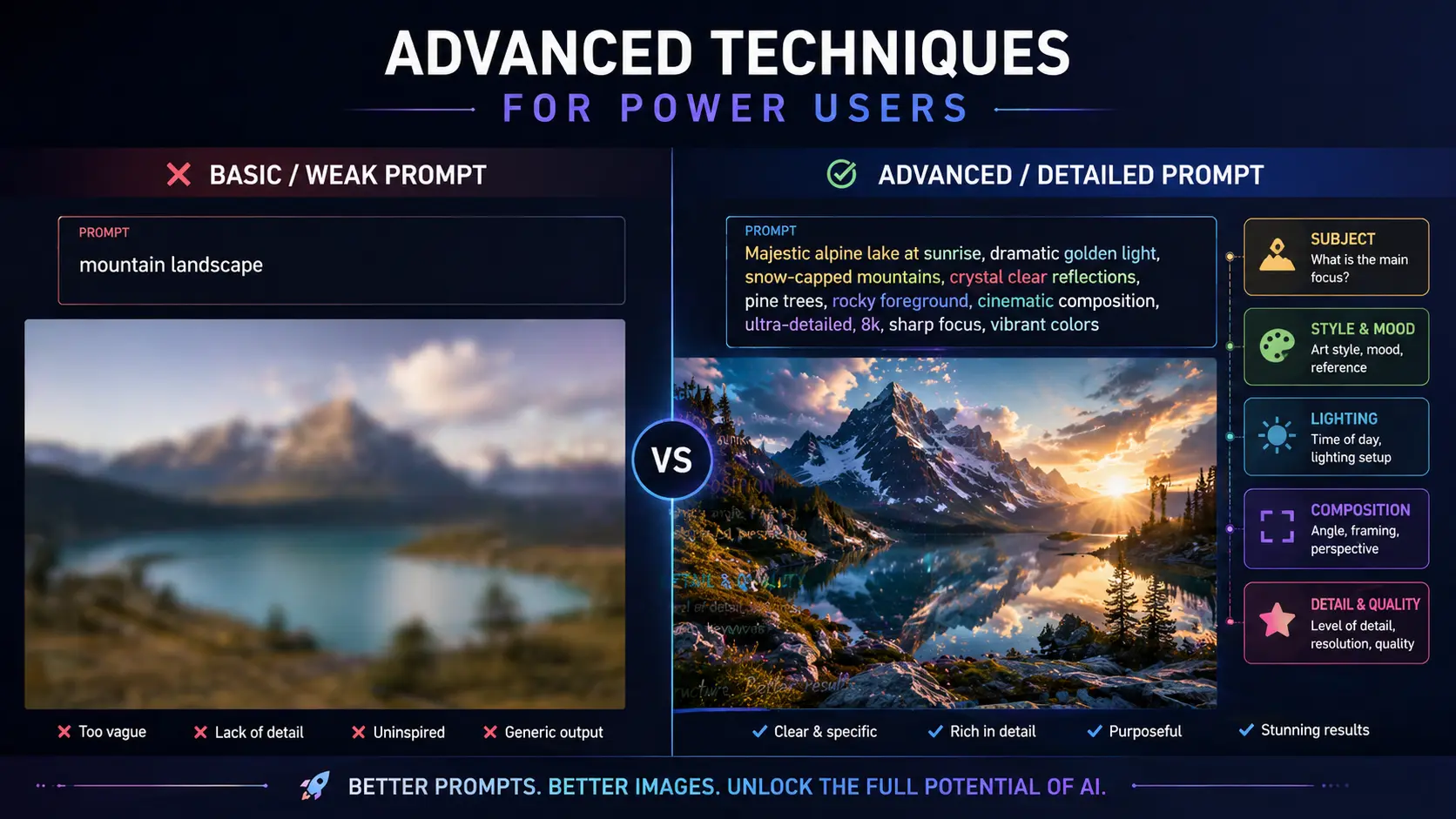 Side-by-side comparison of weak vs detailed AI image prompts showing dramatic difference in output quality