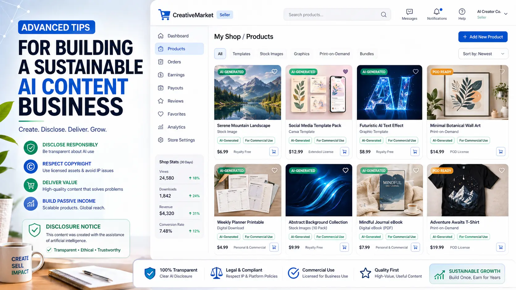 Digital marketplace shop interface showing well-organized AI-generated content listings with proper disclosure labels and pricing — 2026 seller best practices