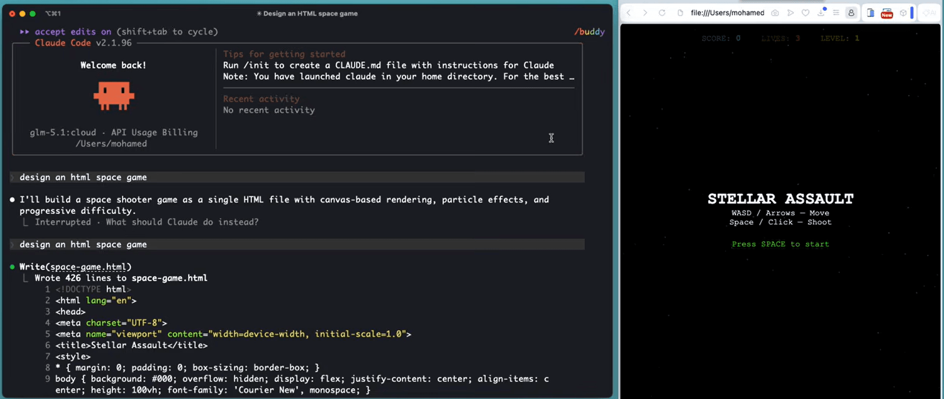 Screenshot of Claude Code running with Ollama showing local LLM qwen2.5-coder:14b connection