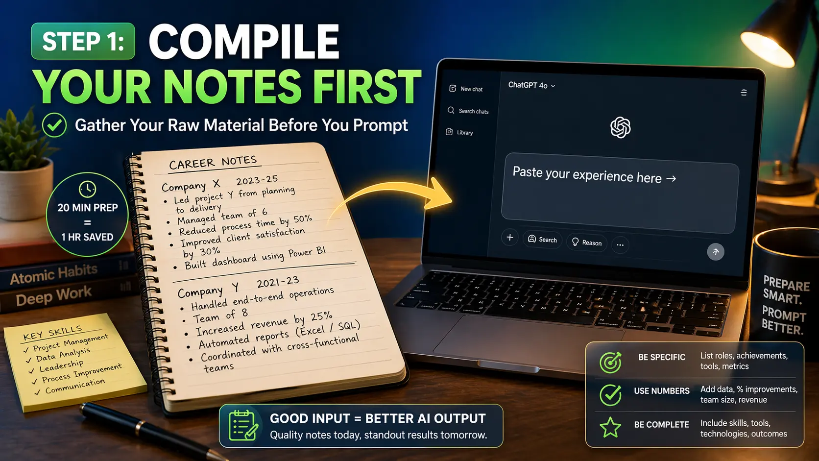 Notebook and laptop showing career notes being compiled before AI CV writing session