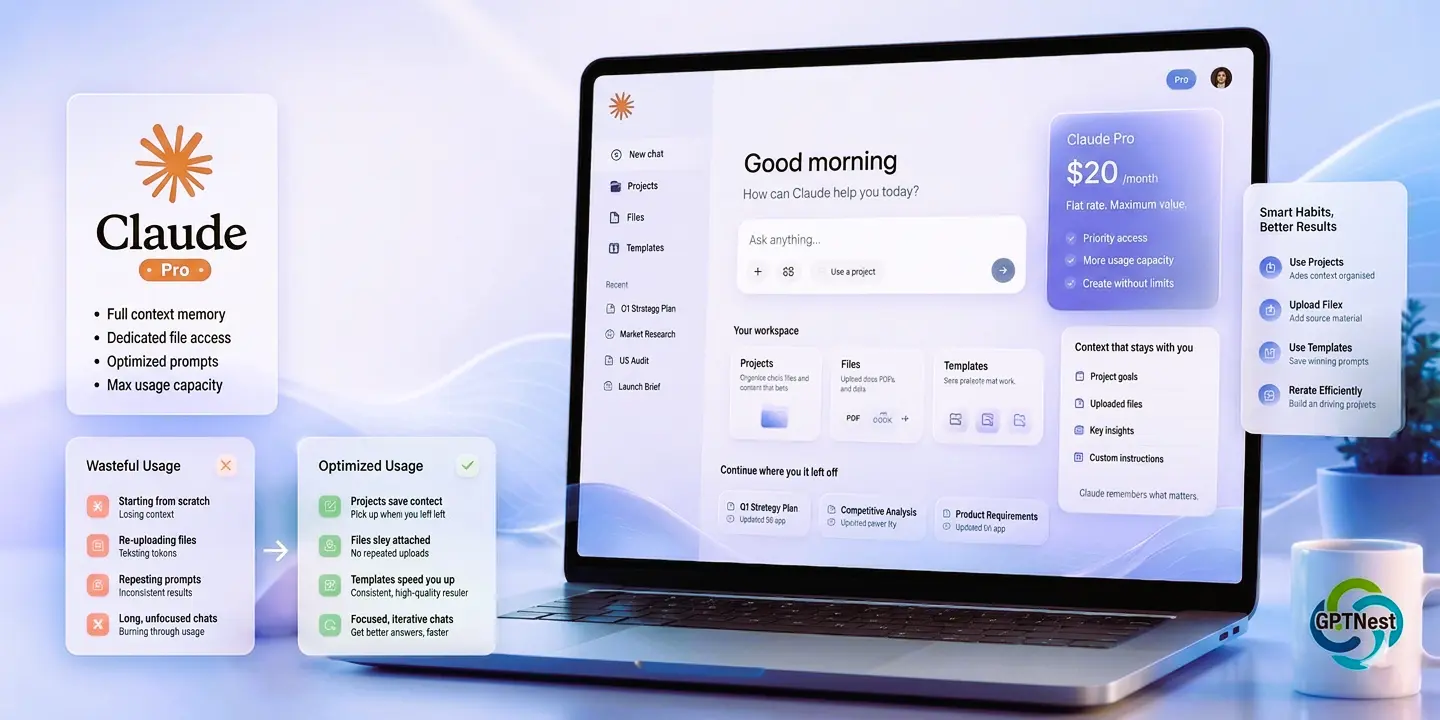 Claude Pro optimized dashboard mockup with GPTNest mug