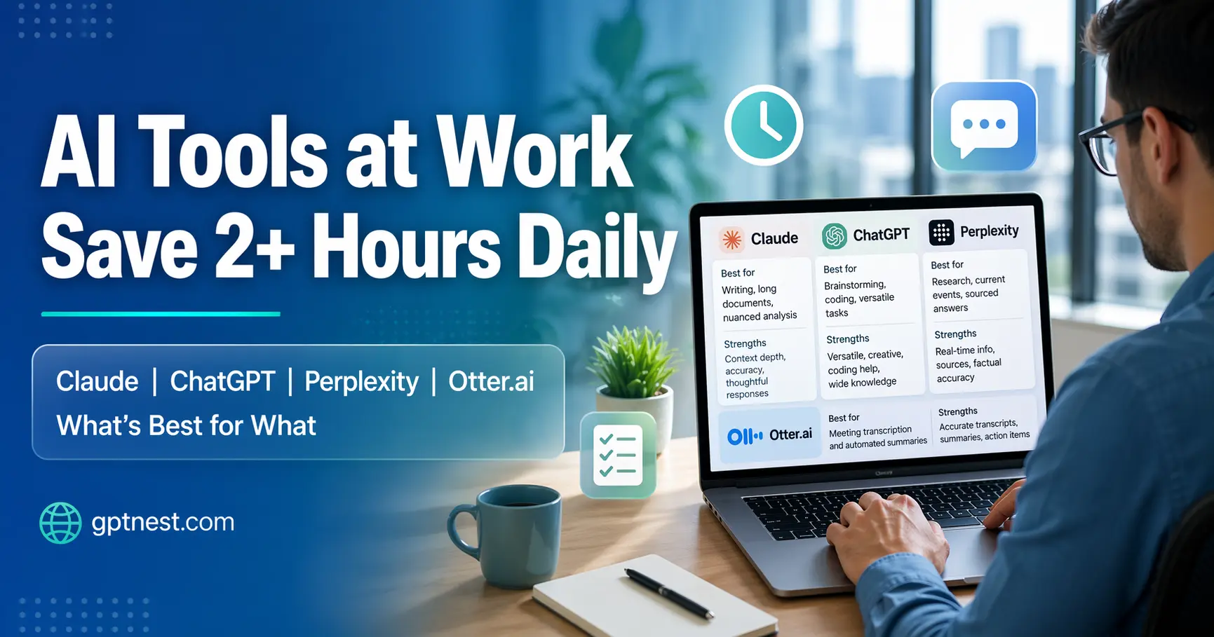 Professional using AI productivity tools at work on a laptop in a modern office environment 2026