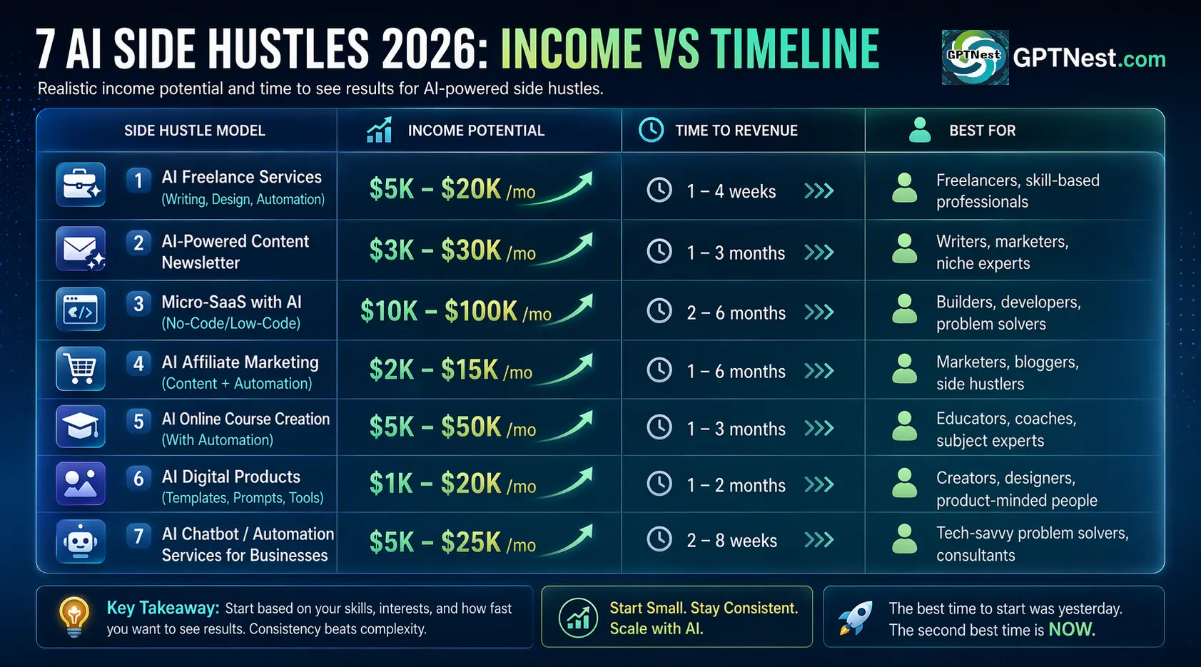 Overview of AI business model categories showing different income levels and effort requirements for 2026