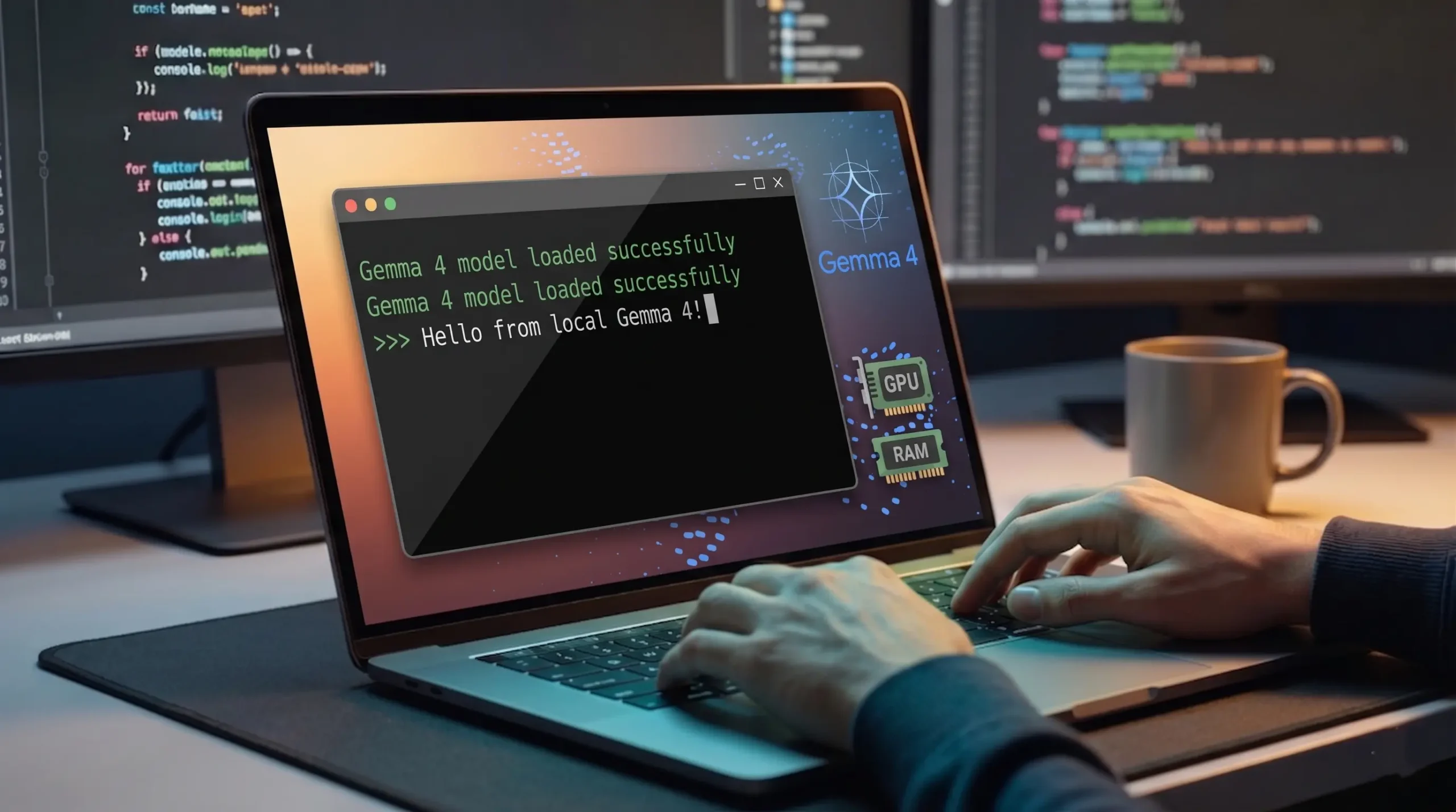 Developer deploying Gemma 4 model locally on a laptop with terminal output