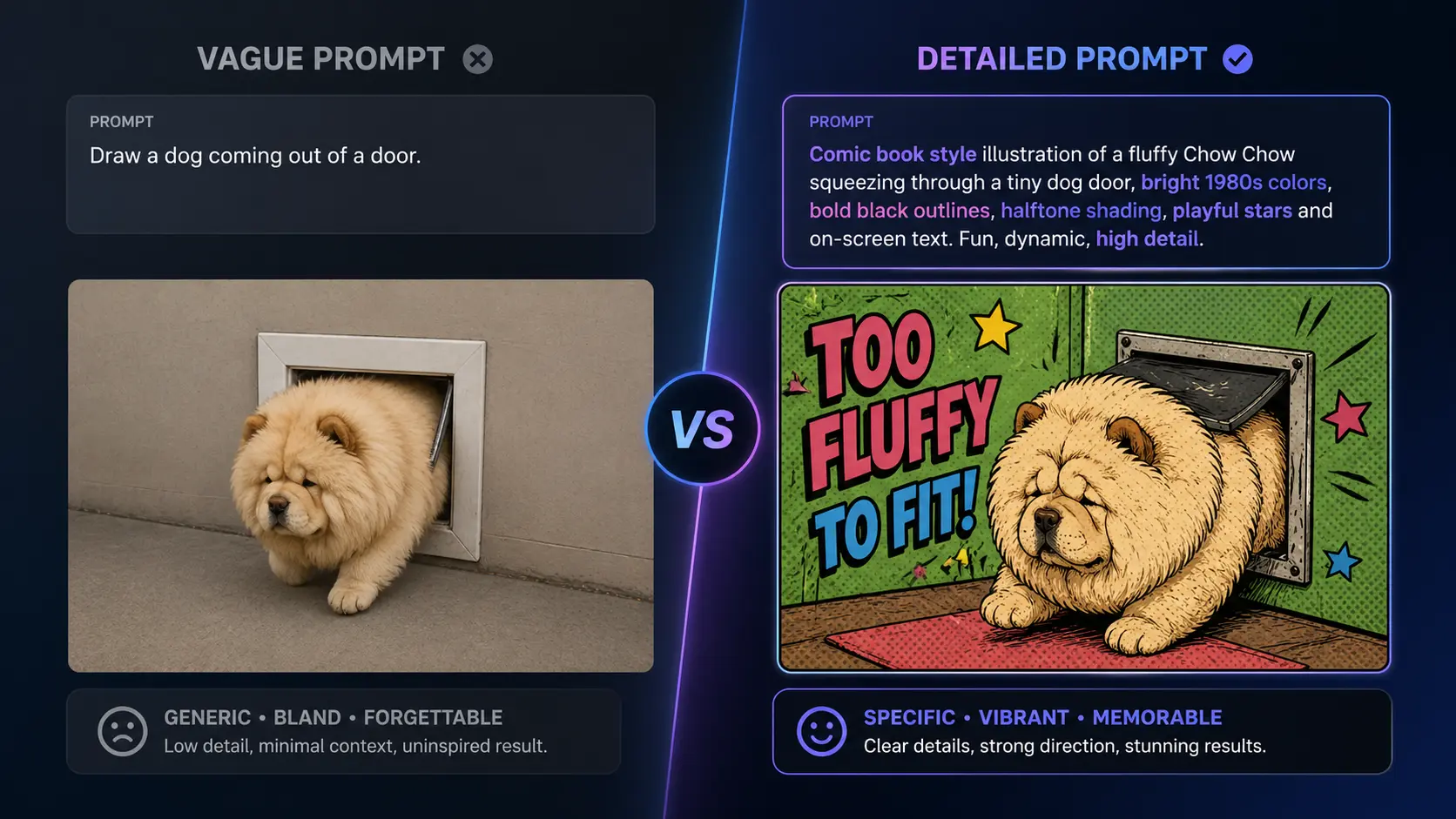 Side-by-side comparison of vague versus detailed AI image prompts showing dramatically different generated image quality