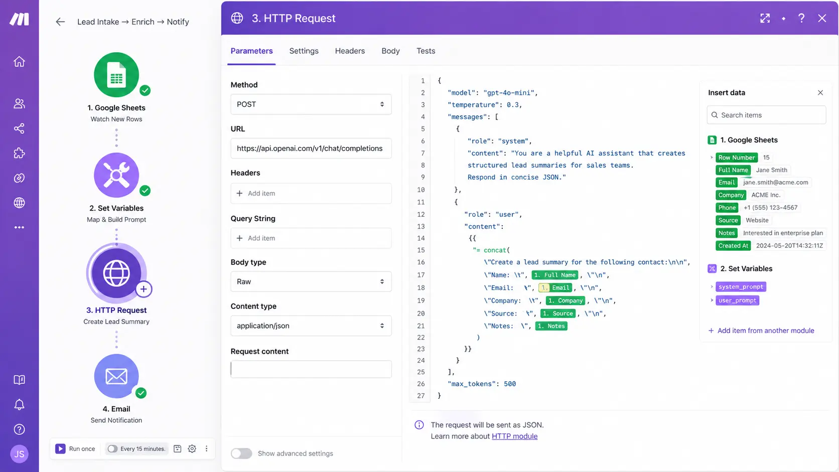 Make.com HTTP request module configuration showing JSON payload mapping for LLM lead qualification API call