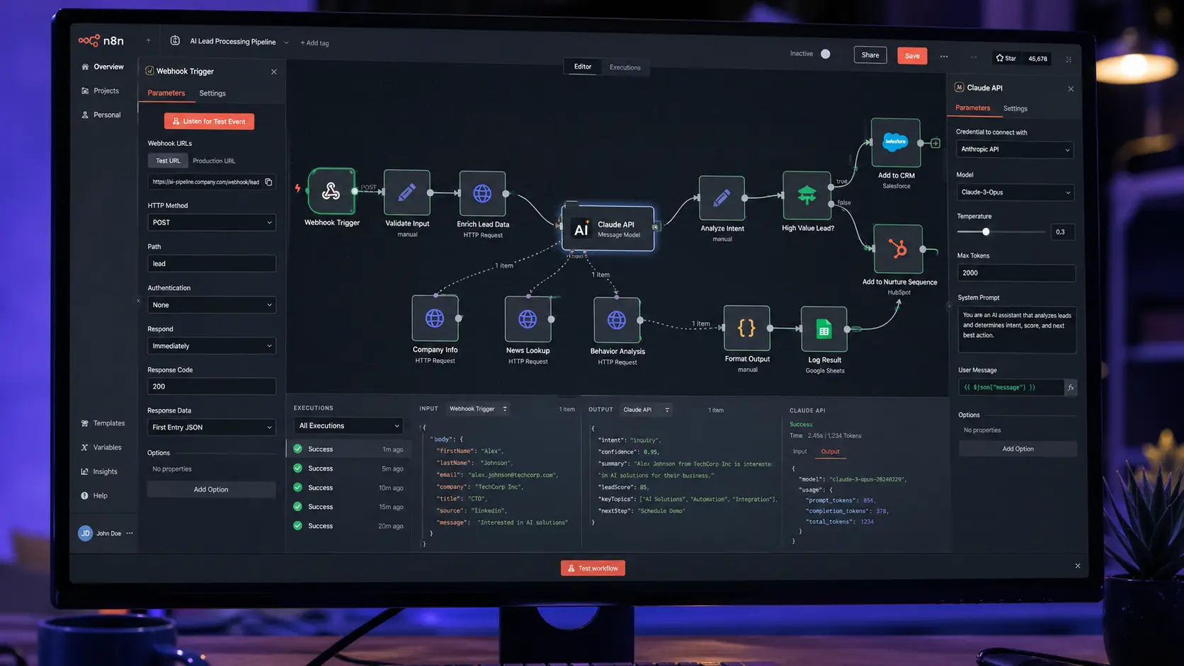 n8n visual workflow canvas showing agentic AI pipeline with LLM processing, webhook triggers, and CRM integration nodes
