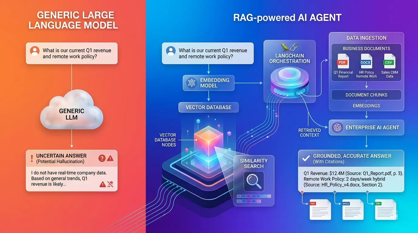 A modern enterprise AI architecture hero illustration, showing a clean split-screen comparison between a generic large language model producing an uncertain answer and a RAG-powered AI agent producing