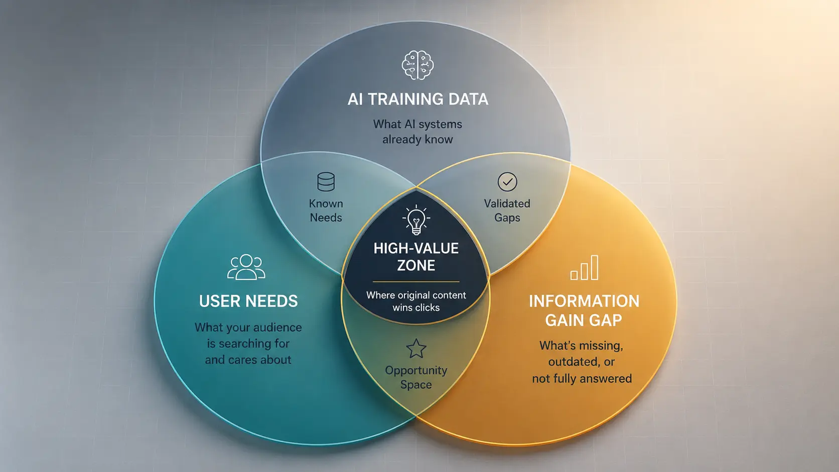 Venn diagram showing the intersection of AI training data, user needs, and the information gain gap that drives clicks in 2026