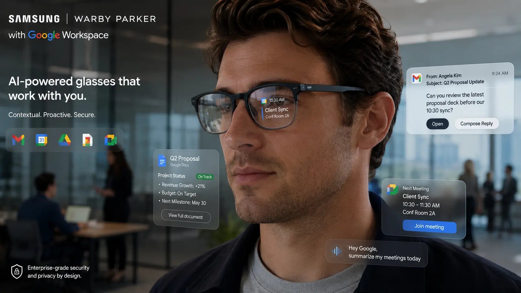 Ambient computing visualization showing Samsung Warby Parker AI-powered smart glasses integrating with Google Workspace enterprise applications, displaying heads-up contextual data overlays in a business environment
