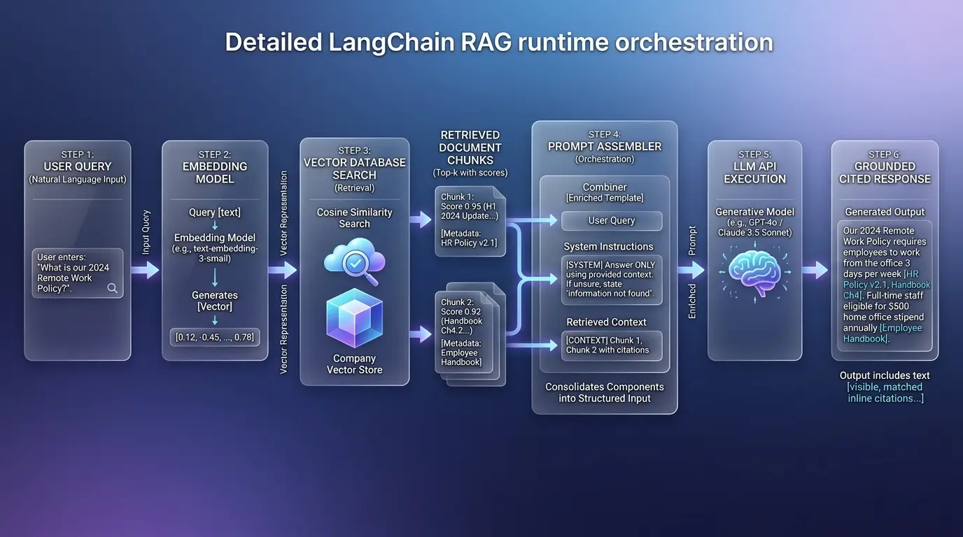 LangChain RAG orchestration diagram showing query flow from user through vector database retrieval to LLM response generation