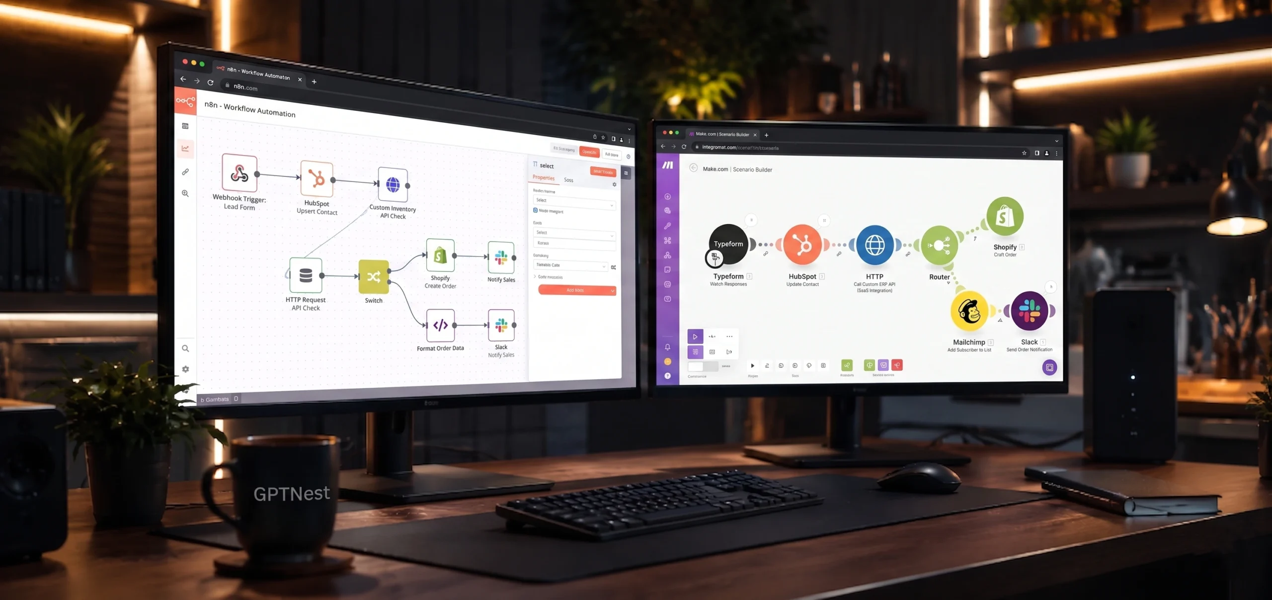 n8n vs Make.com interface comparison showing workflow automation nodes for SaaS integration and API orchestration in small business context