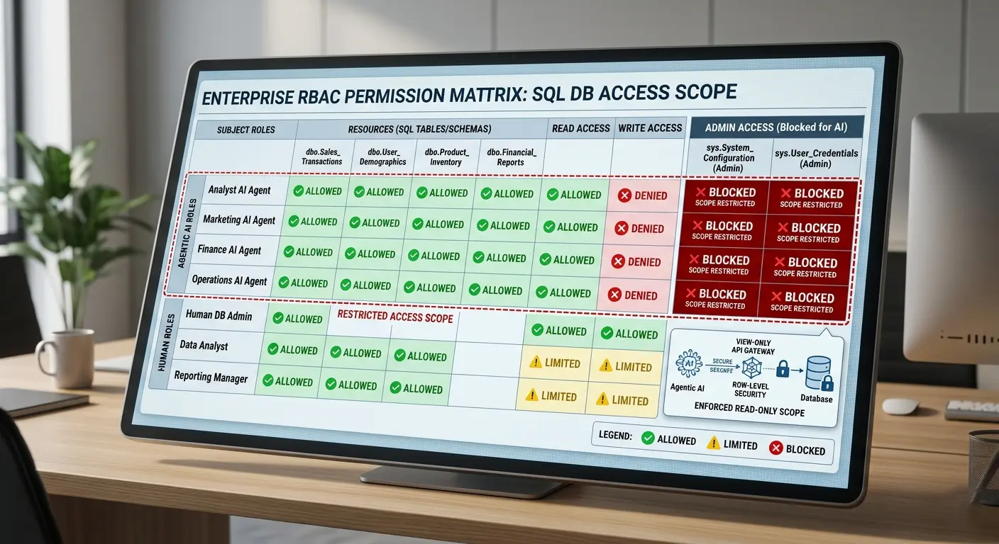 RBAC permission matrix showing agentic AI restricted access scope to enterprise SQL database with read-only tables and blocked admin access