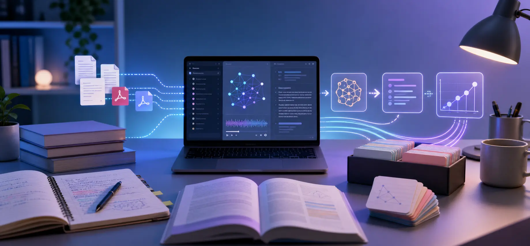 an article about a free AI study pipeline using NotebookLM, Claude, and Anki. Show a clean modern learning