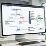 enterprise cybersecurity scene showing an AI security architecture in a modern glass office at night
