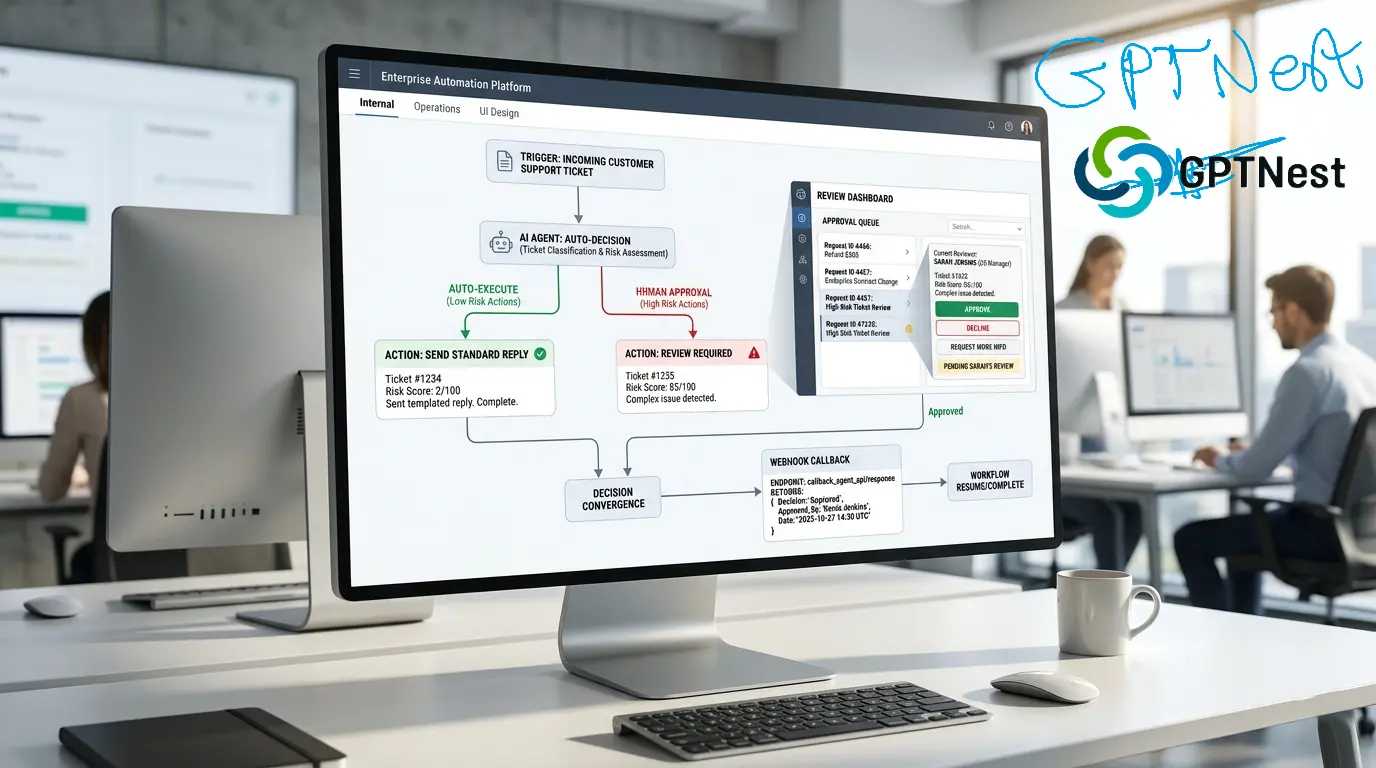 enterprise cybersecurity scene showing an AI security architecture in a modern glass office at night