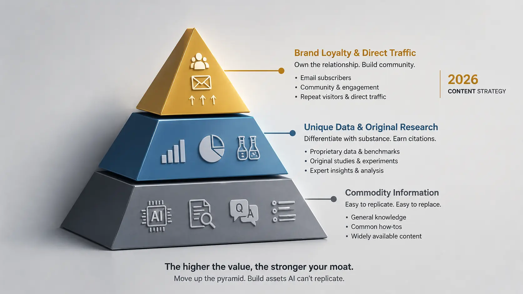 Value pyramid showing commodity information at the base, unique data in the middle, and brand loyalty and direct traffic at the top โ the 2026 content authority hierarchy