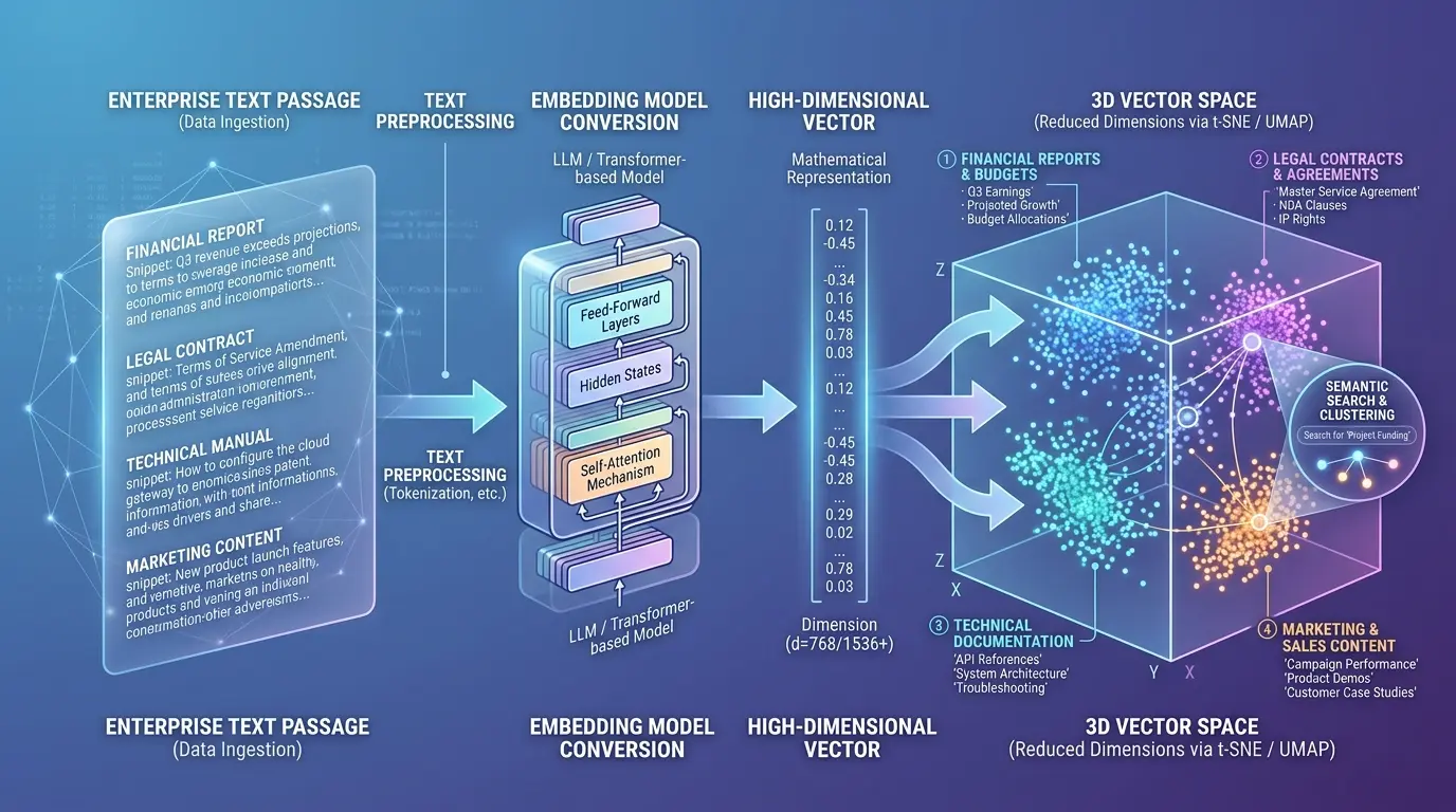 Text chunking and vector embedding diagram showing how document passages are converted to high-dimensional vectors for semantic similarity search